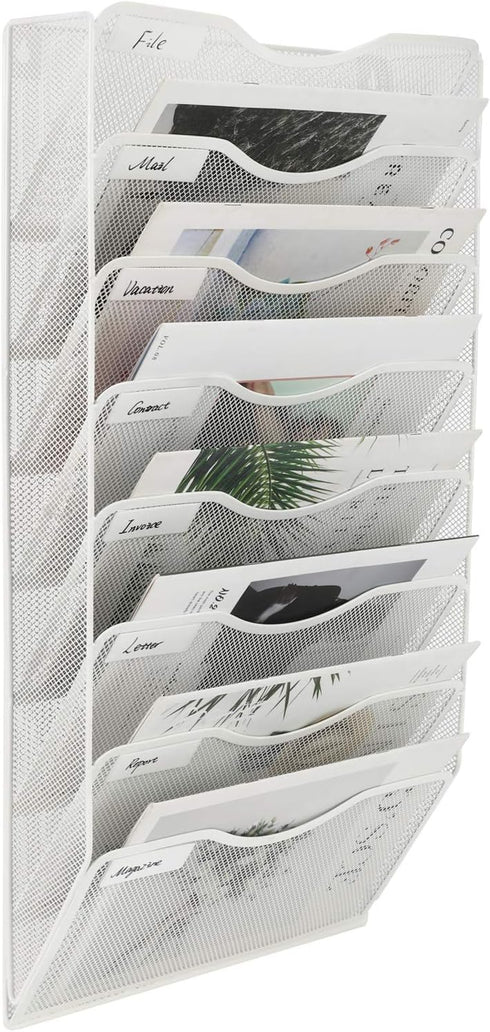 EasyPAG Office 8 Pocket Wall File Folder Holder, Hanging Organizer for Magazine Document Paper Rack, White.