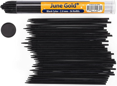June Gold 36 Black (Raven #108) Colored 2.0 mm Lead Refills - Bold Thickness for Heavy Use, Break Resistant with