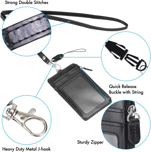 Wisdompro Badge Holder with Zipper, 2-Sided PU Leather College ID Holder, 1 ID Window, 4 Card Slots, Black