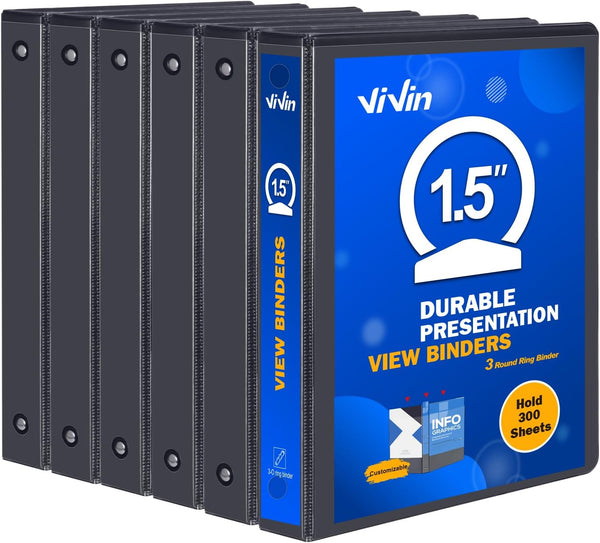 ViVin 1.5 Inch Round Ring View Binder, 300-Sheet Capacity, Basic 3 Ring Binder, 6 Pack (Black)