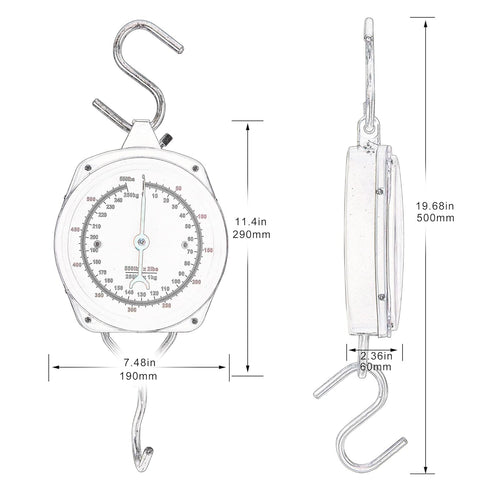 Hanging Spring Dial Scale, 550lb/250kg Big Game Scale with 2 S-Hooks for Warehouse Kitchen Fishing Hunting