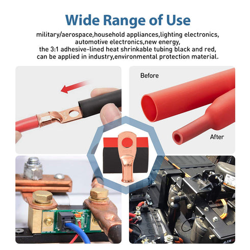 12PCS 2x3/8 Copper Ring Terminal Connectors, 2 AWG Heavy Duty Battery Cable Ends with 12 PCS 3:1 Heat Shrink Tubing for