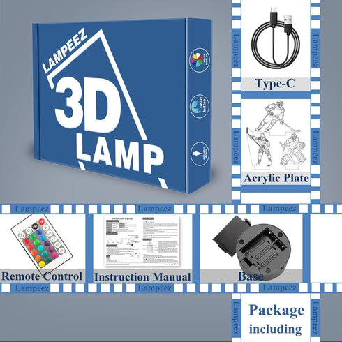 3D 16 Lampeez Kids Ice Hockey Player Night Light Optical Illusion Lamp with Colors Remote Control Changing Birthday