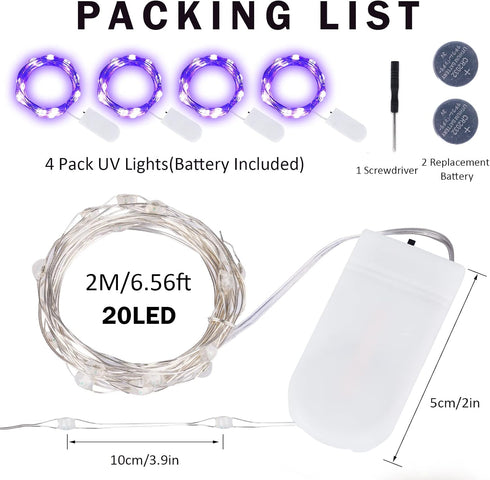 4 Pack 6.56ft 20LED Battery Operated LED UV Black Lights, UV Lamp Bead Flexible Blacklight Fixtures Purple Fairy String