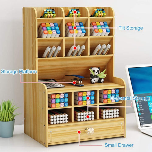Wooden Desk Organizer with Drawer, Large Capacity DIY Pen Holder Storage Box, Caddies for Office, Home and School