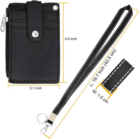 HASFINE ID Badge Holder with PU Leather Zipper Pocket & Lanyard, 2 Sided 5 Card Slots, Detachable Keychain Lanyard