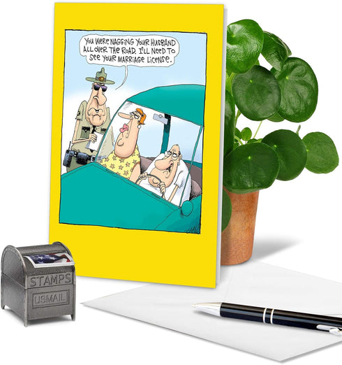 NobleWorks Funny Anniversary Card with Envelope, Cartoon Marriage Humor for Spouse - Nagging Wife C6367ANG