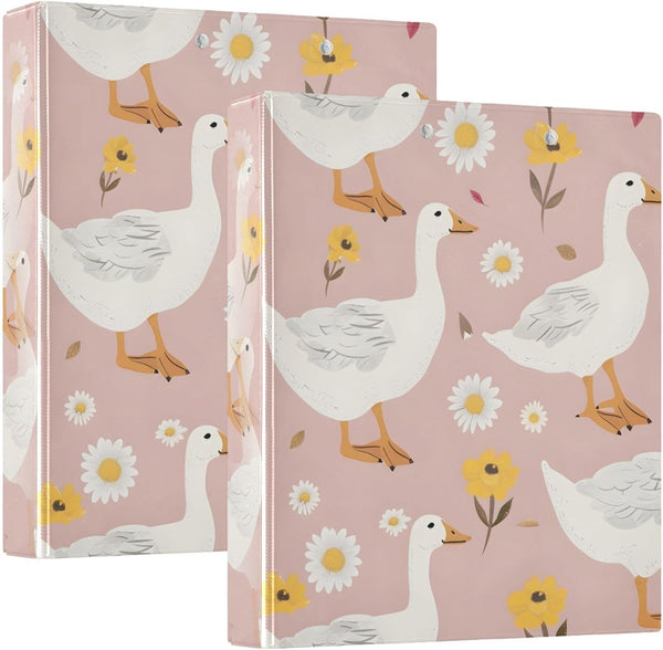 Cute Goose 3 Ring Binder on Pink Girly Background, 1.5 Inch Round Rings, Holds 200 Sheets, Anti-Slip Metal Clip
