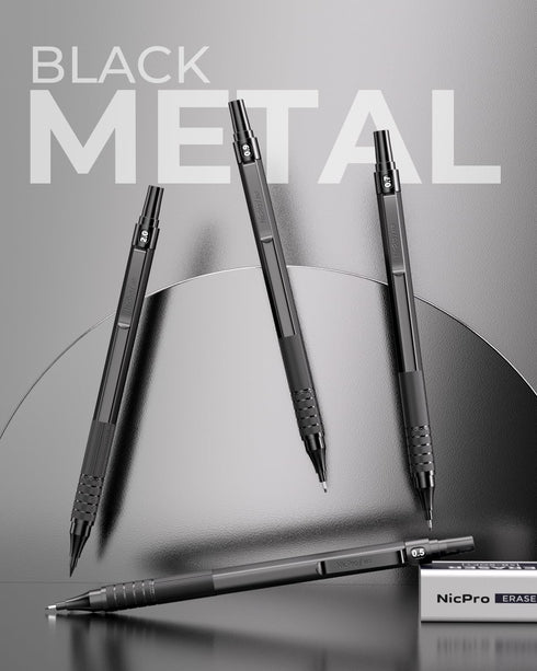 Nicpro 30PCS Black Metal Mechanical Pencil Set, Art Drafting Pencil 0.5, 0.7, 0.9 mm, 2mm Lead Holders with 16 Tube