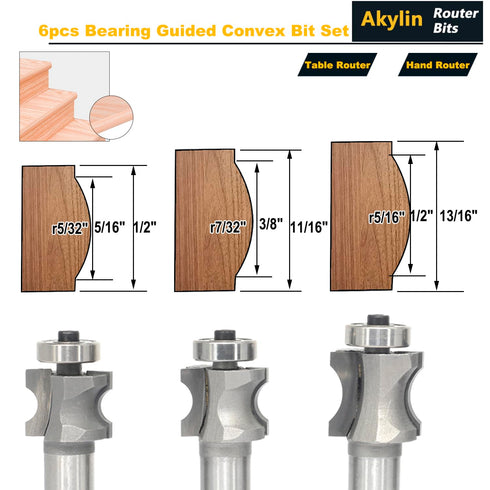 6Pcs Set 1/2" 5/16",3/8",1/2",5/8",3/4",7/8" Akylin's Convex Edge Oval Router Bit Shank, Shallow Bullnose at at