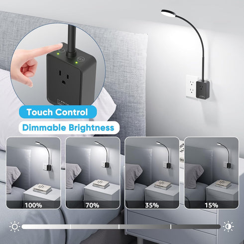Dimmable 3 Plug in LED Book Reading Light, Black LED Wall Sconce Lamp with Power Plug and Outlet Extender for Kitchen