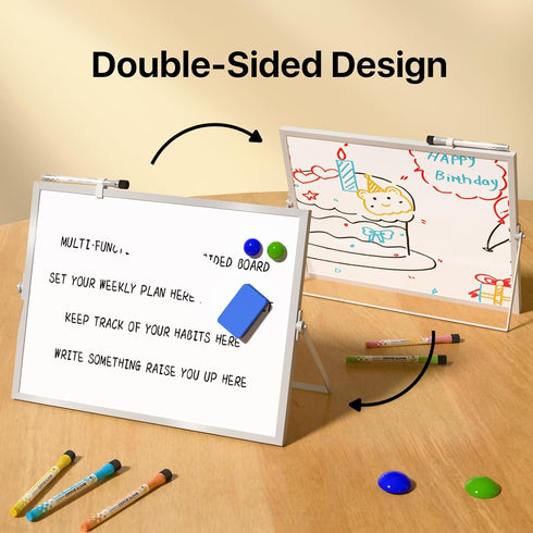 Dry Erase White Board with Stand, Double-Sided 12x16 inch, 10 Markers, 6 Magnets, Portable for Planning