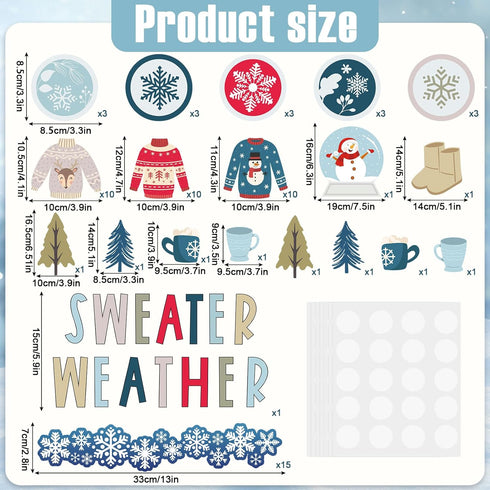 Whaline 85Pcs Winter Bulletin Board Decoration Kit Xmas Tree Snowmen Snowflake Cutouts with Glue Point Christmas Holiday Classroom Bulletin Border Stickers for Home School Office Wall Door Decor by Whaline