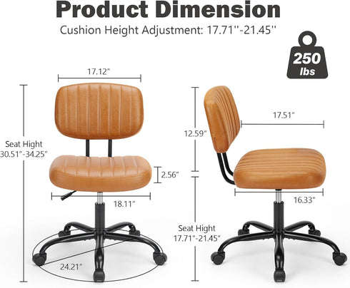 Armless 360 DUMOS Home Office Executive Chair - Small Desk Chair with Low Back Lumbar Support, Height Adjustable PU