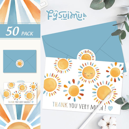 50 4 6 Inch FYSUIMU Pcs Boho Sun Thank You Cards Greeting Cards with Envelopes Stickers Blue Orange Sunshine Blank Note