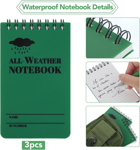 Prudiut 3 Pcs Waterproof Notebook with Weatherproof Pen and Tactical Cover Police Waterproof Notepad 3 x 5 Inch Pocket Notebook for Outdoor Records(Green) by Prudiut