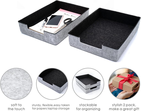 WELAXY 2-Piece Stackable Desk Drawer Organizer Trays - Felt Storage Bins for Document File Papers, Home Office Supplies