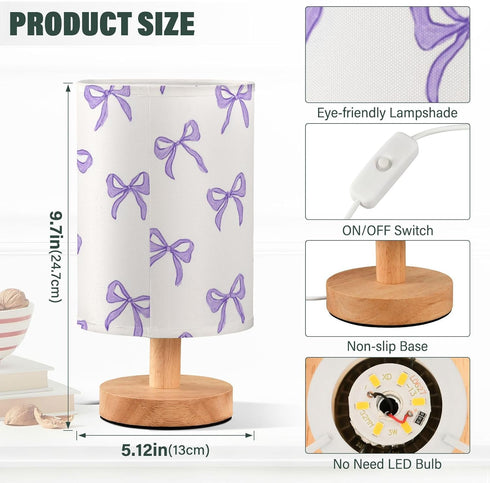 Wusikd Purple Bow Table Lamp LED Desk Light USB Nightstand Lamp with Non Slip Wood Base & Eye-Friendily Lampshade