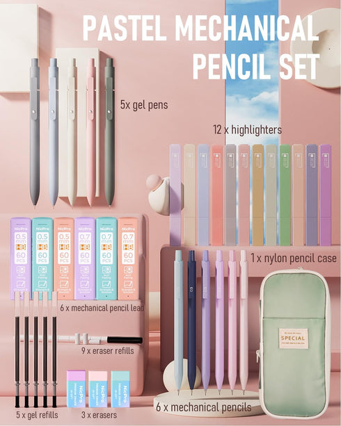 Nicpro 39 PCS Aesthetic School Supplies, 12 Color Pastel Highlighters, Big Capacity Pen Case, 5 Quick Dry Pens, 6