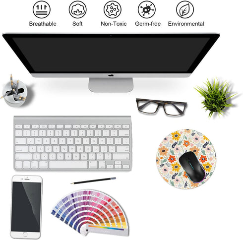 Round Gaming Mouse Pad, Non-Slip Rubber Base Mat with Stitched Edge 7.9 x 7.9 Inch, Adorable Flower