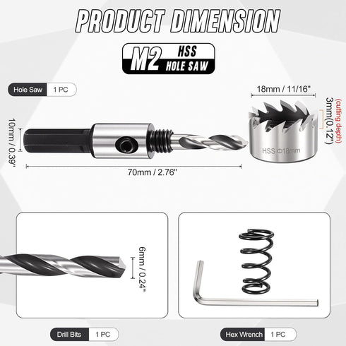 11/16" (18mm) M2 Hole Saw, High Speed Steel Hex Shank How Cutter - Cutting Tool for Thin Stainless Steel Metal