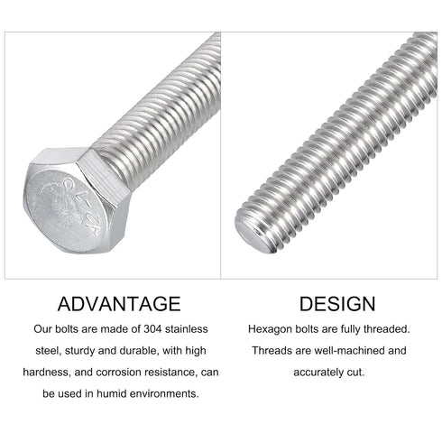 Hex Bolts (M12-1.75x150mm) 2Pcs, 304 Stainless Steel Fully Threaded Hex Head Machine Screws for Furniture Repair, Silver