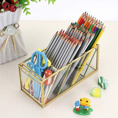 Hipiwe (4 Vintage Gold Metal Desk Organizer - Glass Make up Brushes lipstick Holder Dresser Organizer Pen Pencil