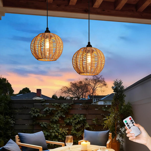 TWINKVILLA Battery Operated Chandelier, 2Pack Hanging Gazebo Lights, Cactus Shape Boho Rattan Pendant