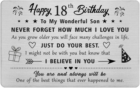 FALOGIJE 18th Birthday Card Gifts for Son, Engraved Metal Wallet Card for 18 Year Old Son Birthday Gifts