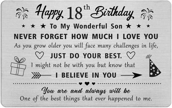 FALOGIJE 18th Birthday Card Gifts for Son, Engraved Metal Wallet Card for 18 Year Old Son Birthday Gifts