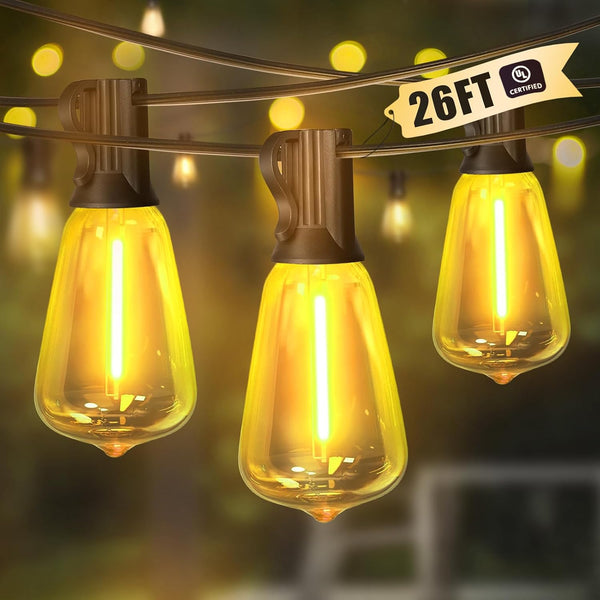 LAMPHOME 26Ft ST38 Outdoor Yellow String Lights, Connectable Waterproof Patio Lights,12+1 Shatterproof