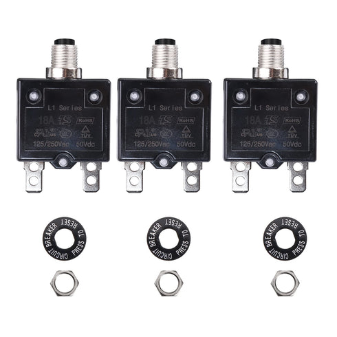 18A Push Button Circuit Breaker L1 Series 125-250V AC 50V DC Manual Reset Thermal 3Pack