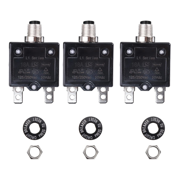 18A Push Button Circuit Breaker L1 Series 125-250V AC 50V DC Manual Reset Thermal 3Pack