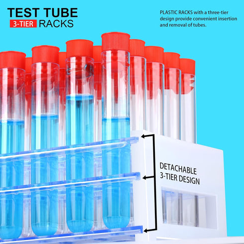 YGDZ Test Tubes with Rack, 50pcs 16x100mm Clear Plastic Test Tubes with Caps and Holder Rack