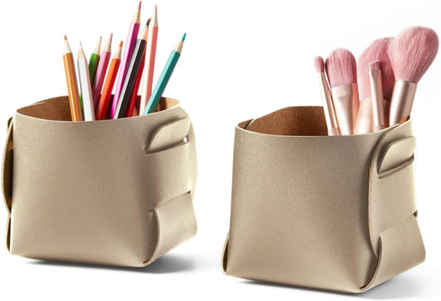 HOMIEAZICOZI 2-Pack Cork Leather Desk Accessories - Stylish Pencil Pen Holder & Makeup Brush Organizer (Champagne Gold)