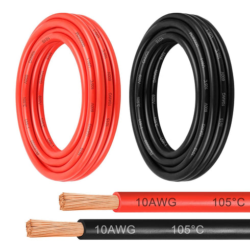 10 Gauge OFC Wire,10FT Pure Copper Wires, 10AWG Battery Cable Red &