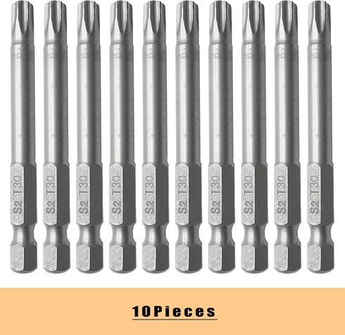 10PCS T30 Torx Screwdriver Bit, 1/4 Inch Hex Shank 65mm Long, S2 Steel Magnetic Torx Screwdriver Set Tool, Silver