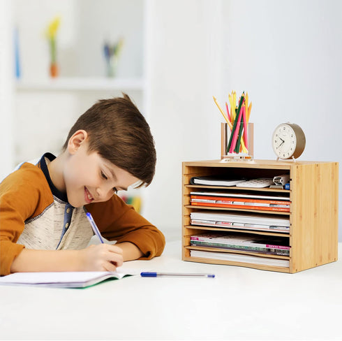 Bamjoy Bamboo 5 Tier Desktop Organizer, Paper Organizer Mail Sorter with Adjustable Shelves for School Home Office