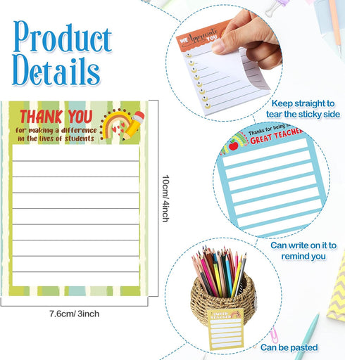 Teacher Notepad Sets Lined Notepads to Do List Memo for Appreciation Present Colored Sticky Notes Cute Paper Stationery Organizer Supplies School (12 Pcs, Rainbow Style)