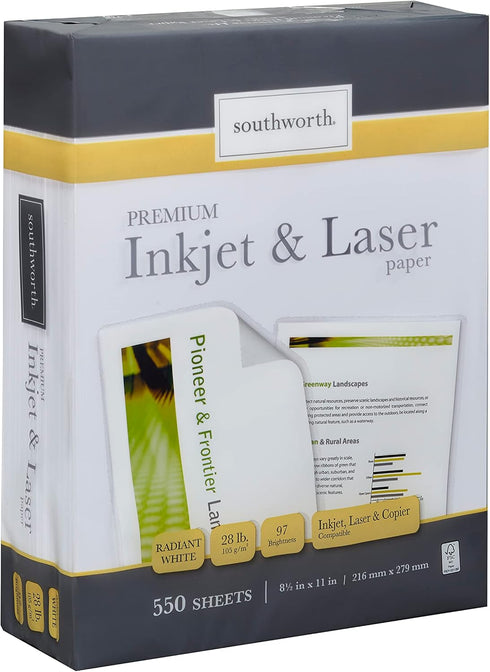 Southworth Inkjet & Laser Printer Paper, 8.5" x 11", 28 lb, Radiant White, 550 Sheets (91723-01)