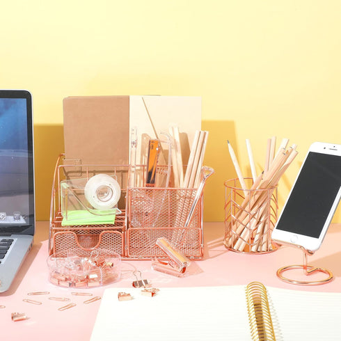 Rose Gold Office Supplies, Mesh Desk Organizers with Tape Holder, Stapler, Pen Holder, and More for Office