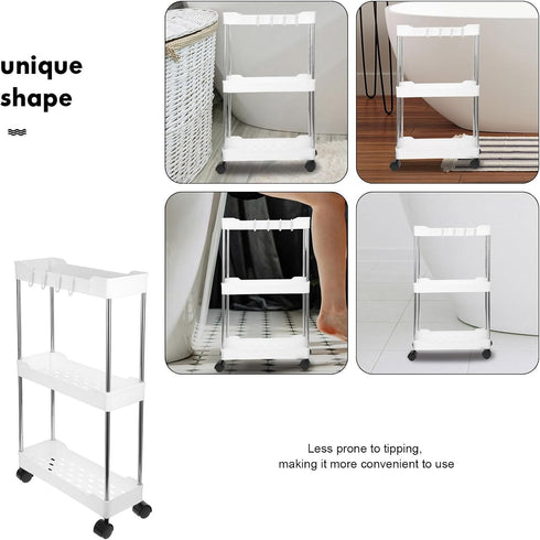 IDEANATEGRATE 3-Tier Rolling Utility Cart Storage Rack with Wheels, Multi-Layer Bathroom Trolley Organizer for Narrow