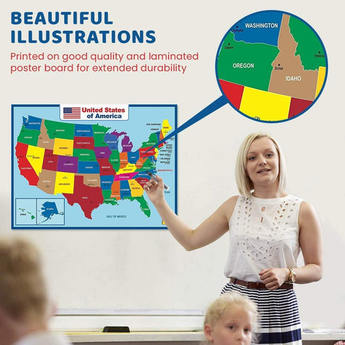 United States Map Laminated Poster, Double-Sided Educational Poster for Kids/Adults, 18 x 24 inch Waterproof Map