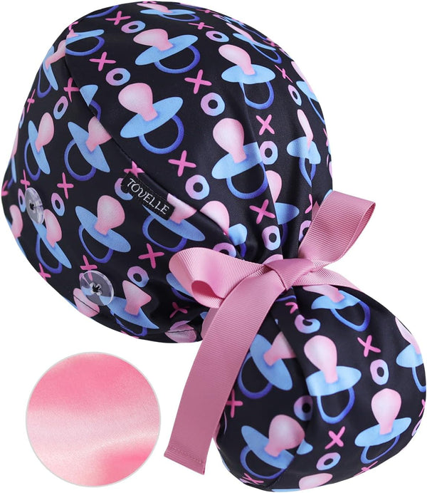Scrub Caps Women Satin Lined Ponytail, Pacifier Love Black Adjustable Scrub Hats