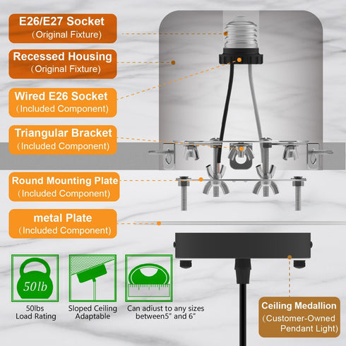 5 6 inch E26 Recessed to Pendant Light Converter Kit and Can Light Conversion, Includes Socket, Mounting Bracket, Round