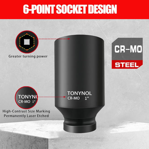 TONYNOL 1/2 Inch Set,6-Point,SAE(3/8" 1-1/4"),14 Deep Drive Impact Socket to Pcs,Cr-Mo Steel,With a Storage Case