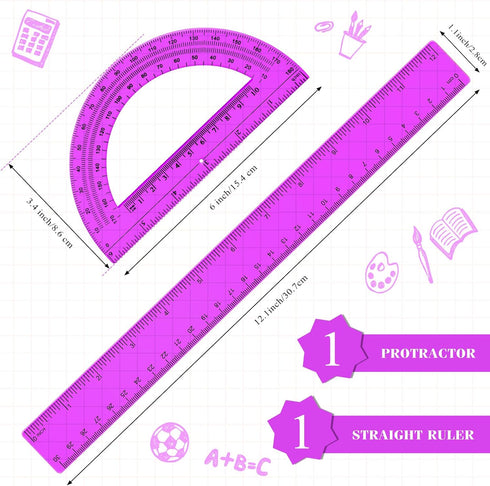 Zonon 2 Pack 12'' 6'' Set Set Plastic Ruler and Plastic Protractor Clear Ruler Protractor Math Geometry Supplies