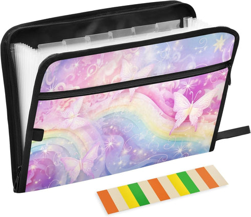 Rainbow Butterflies 13 Pocket Expanding File Folder with Labels, A4 Document Folder, Zipper Closure