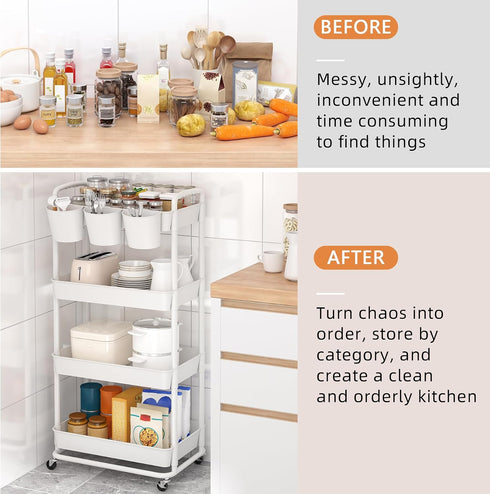 4-Tier JIUYOTREE Plastic Rolling Storage Cart Utility Cart with Extra Hanging Cups Handles Lockable Wheels for Living