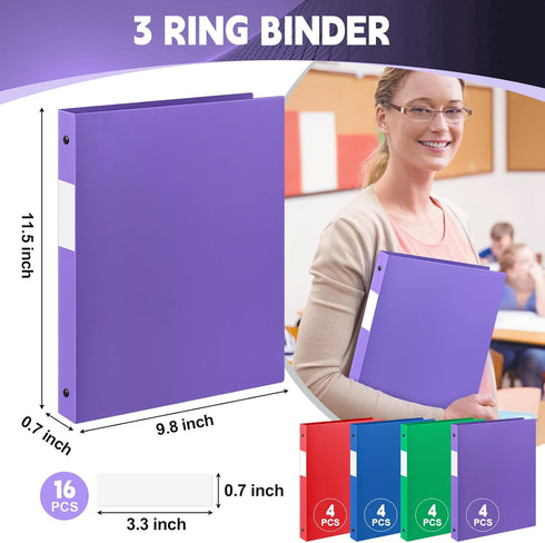 Henoyso 16 Pcs 1/2 Inch 3 Ring Plastic Binder, Flexible Binders Hold up to 8.5" x 11" Paper, Back to School Supply